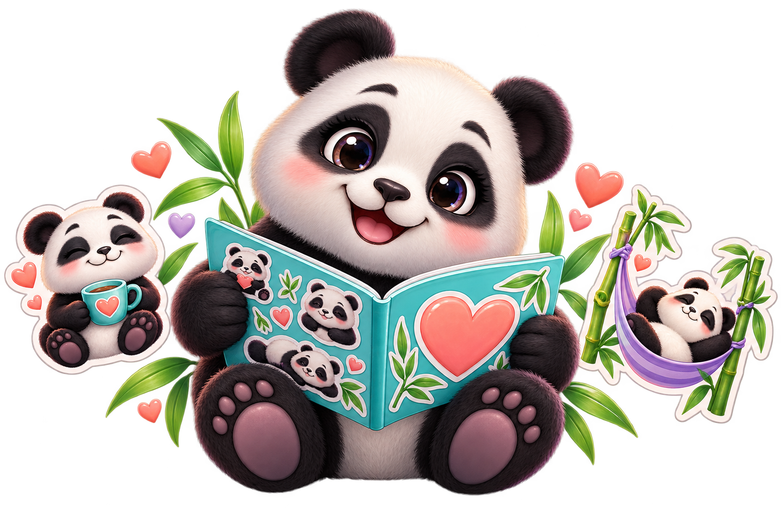 Een vrolijke panda leest zijn stickeralbum